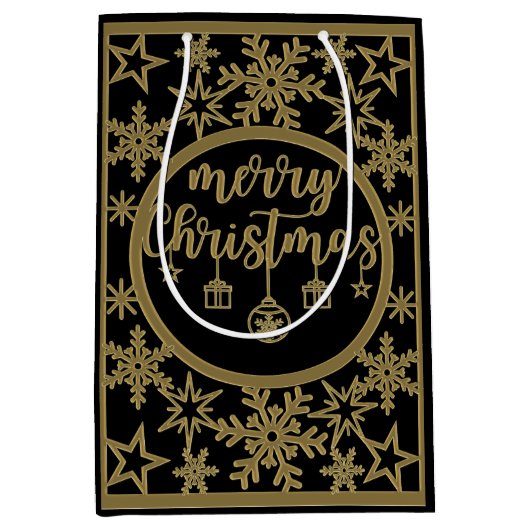 ブラックバッグと金ゴールドクリスマスエレメント ミディアムペーパーバッグ (正面)