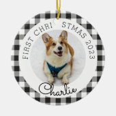 ブラックバッファローチェックペットの初めてのクリスマス写真 セラミックオーナメント (正面)