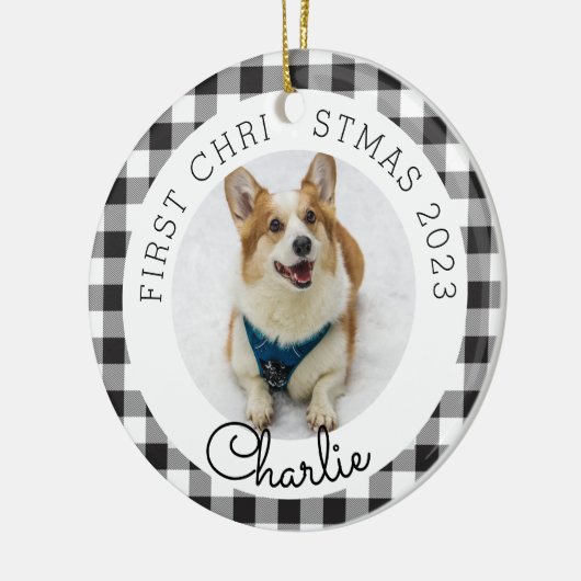 ブラックバッファローチェックペットの初めてのクリスマス写真 セラミックオーナメント (左)