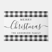 ブラックバッファローチェックメリークリスマスファミリー名 ドアマット (正面)