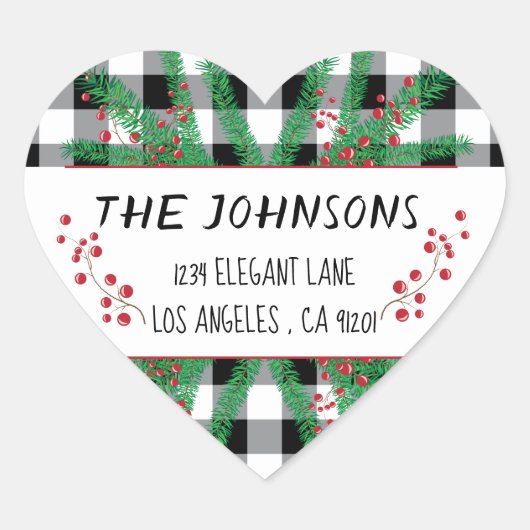 ブラックバッファローチェック休暇リターンアドレスステッカー ハートシール (正面)