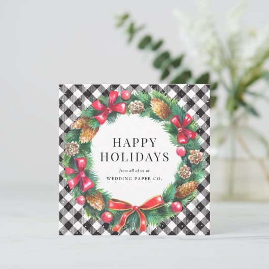 ブラックバッファロープレイドの水彩リース ビジネス シーズンカード (スタンド正面)