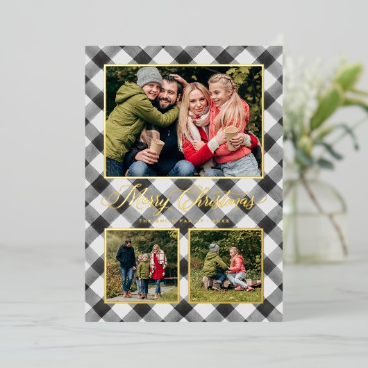 ブラックバッファロープレイドクリスマスフォトコラージュ 箔シーズンカード (立ち正面)