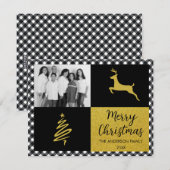 ブラックバッファロープレイドゴールドのクリスマスファミリー写真 シーズンカード (正面/裏面)