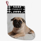 ブラックバッファロープレイドペットドッグ骨モノグラム写真 スモールクリスマスストッキング (正面)