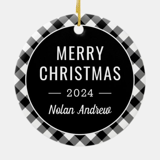 ブラックバッファロープレイドホリデーパーソナライズされた写真 セラミックオーナメント (裏面)