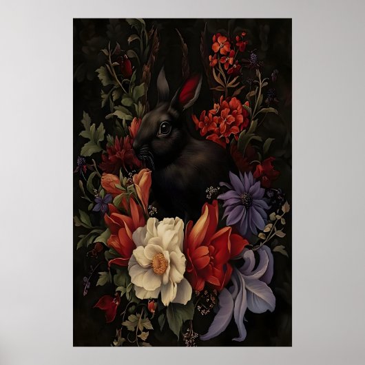ブラックバニー植物画ウサギ壁画 ダーク ポスター (正面)