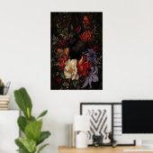 ブラックバニー植物画ウサギ壁画 ダーク ポスター (ホームオフィス)