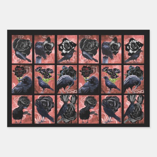 ブラックバラのカラスとクロウのゴシック様式のアートコラージュ ラッピングペーパーシート (正面)