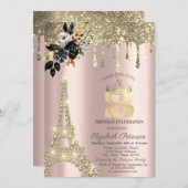 ブラックバラエッフェルタワー金ゴールドドリップススウィート18 招待状 (正面/裏面)