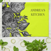 ブラックバラエレキライムグリーンあなたのメッセージ キッチンタオル (折り畳み)