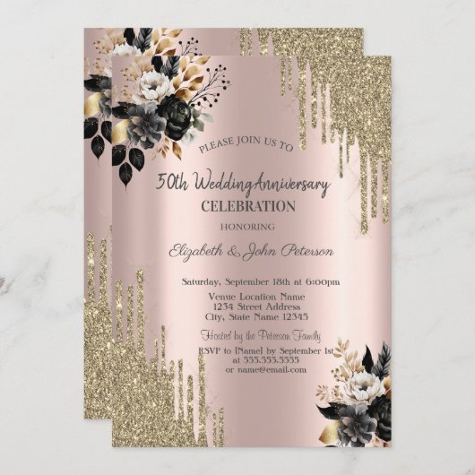 ブラックバラグリッター結婚ドリップス記念日 招待状 (正面/裏面)