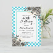 ブラックバラターコイズ&ホワイト市松模様に誕生日 招待状 (スタンド正面)