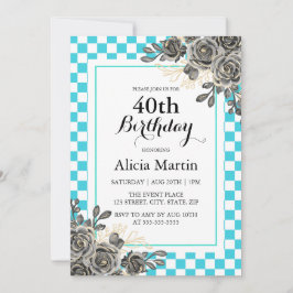 ブラックバラターコイズ&ホワイト市松模様に誕生日 招待状