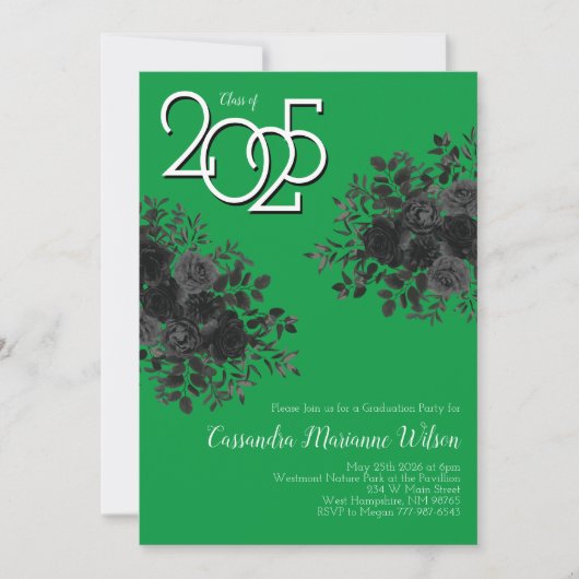 ブラックバラダークゴシック卒業パーティーグリーン 招待状 (正面)