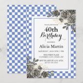 ブラックバラパープルブルー&ホワイト市松模様に誕生日 招待状 (正面/裏面)