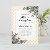 ブラックバラピーチ&ホワイト市松模様に誕生日 招待状 (スタンド正面)