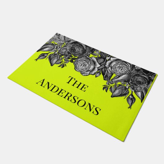 ブラックバラファミリーネームエレクトリックライムグリーン ドアマット (アングル)