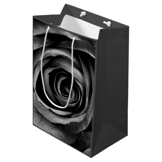 ブラックバラフラワーフローラ装飾ヴィンテージ ミディアムペーパーバッグ (正面アングル)