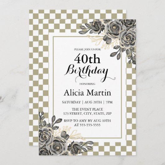 ブラックバラフローラセージ&ホワイト市松模様に誕生日 招待状 (正面/裏面)