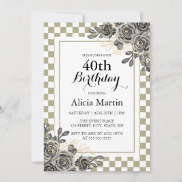 ブラックバラフローラセージ&ホワイト市松模様に誕生日 招待状