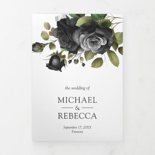 ブラックバラフローラフォトコラージホワイト結婚ズ 三つ折り招待状 (カバー)