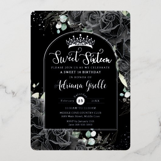 ブラックバラフローラブラックシルバースウィート16誕生日 箔招待状 (正面)