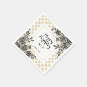 ブラックバラフローラ金ゴールド&ホワイト市松模様に誕生日 スタンダードカクテルナプキン (角)