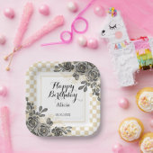 ブラックバラフローラ金ゴールド&ホワイト市松模様に誕生日 ペーパープレート (パーティー)