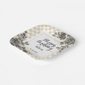 ブラックバラフローラ金ゴールド&ホワイト市松模様に誕生日 ペーパープレート (傾斜あり)