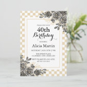 ブラックバラフローラ金ゴールド&ホワイト市松模様に誕生日 招待状 (スタンド正面)