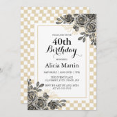 ブラックバラフローラ金ゴールド&ホワイト市松模様に誕生日 招待状 (正面/裏面)