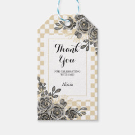 ブラックバラフローラ金ゴールド&ホワ市松模様にイトサンキュー ギフトタグ