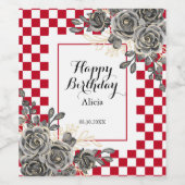 ブラックバラブルゴーニュ&ホワイト市松模様に誕生日 ワインラベル (シングルラベル)