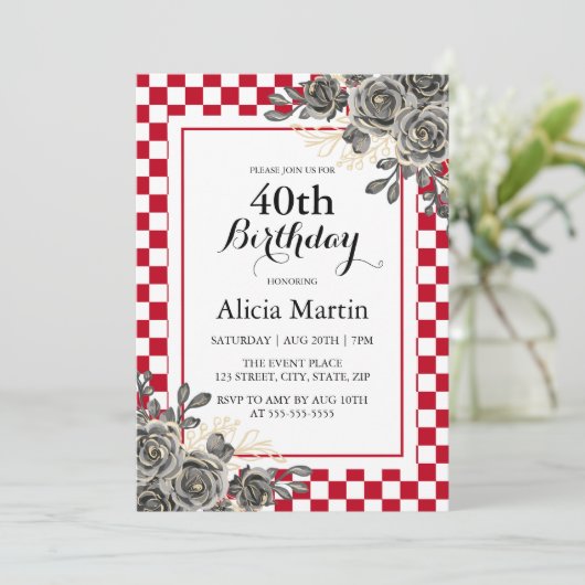 ブラックバラブルゴーニュ&ホワイト市松模様に誕生日 招待状 (スタンド正面)