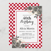 ブラックバラブルゴーニュ&ホワイト市松模様に誕生日 招待状 (正面/裏面)