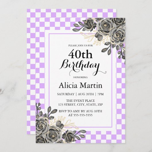 ブラックバラマウヴ&ホワイト市松模様に誕生日 招待状 (正面/裏面)