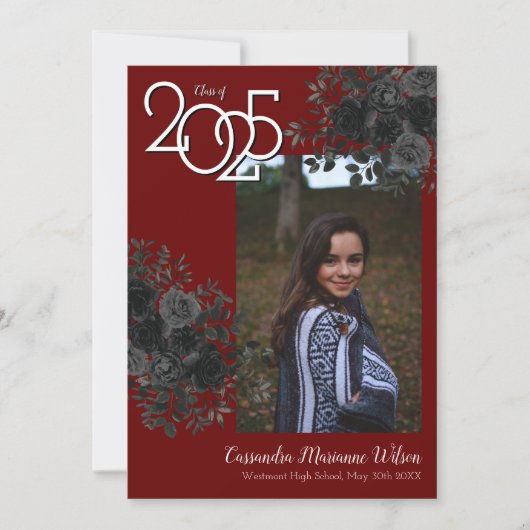 ブラックバラマルーンゴシック卒業発表 招待状 (正面)