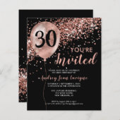 ブラックバラ金ゴールドグラムバルーン誕生日招待状 (正面/裏面)