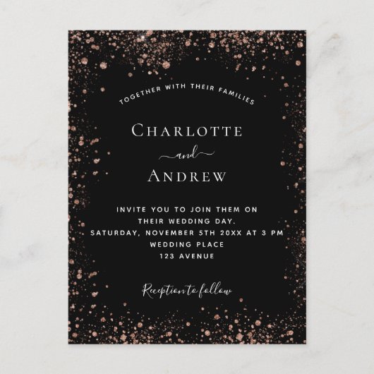 ブラックバラ金ゴールドグリッターエレガントな結婚式 インビテーションポストカード (正面)