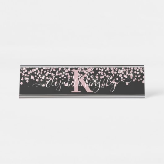 ブラックバラ金ゴールドグリッターダイヤモンドモノグラム デスクネームプレート (正面)