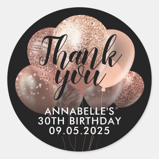 ブラックバラ金ゴールドグリッターバルーンありがとう誕生日 ラウンドシール (正面)
