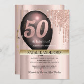 ブラックバラ金ゴールドグリッターバルーン50誕生日 招待状 (正面/裏面)