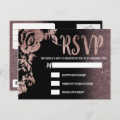 ブラックバラ金ゴールドグリッターフローラRSVP インビテーションポストカード (正面/裏面)