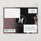 ブラックバラ金ゴールドグリッターフローラRSVP インビテーションポストカード (裏面)