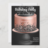 ブラックバラ金ゴールドケーキ誕生日招待状 招待状 (正面)