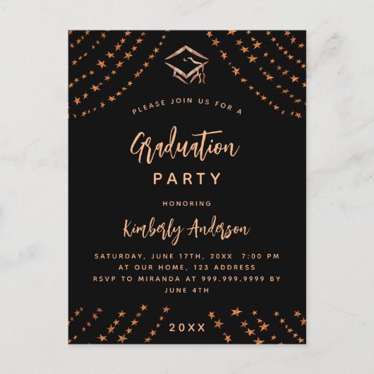 ブラックバラ金ゴールドスター卒業パーティーモダンイヤー インビテーションポストカード (正面)