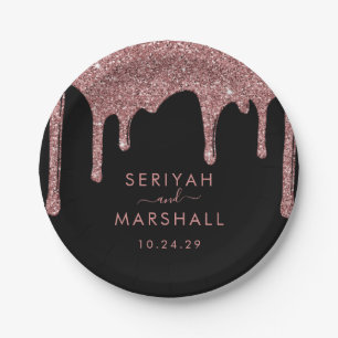 ブラックバラ金ゴールドスパークルグリッタードリップ結婚ズ ペーパープレート