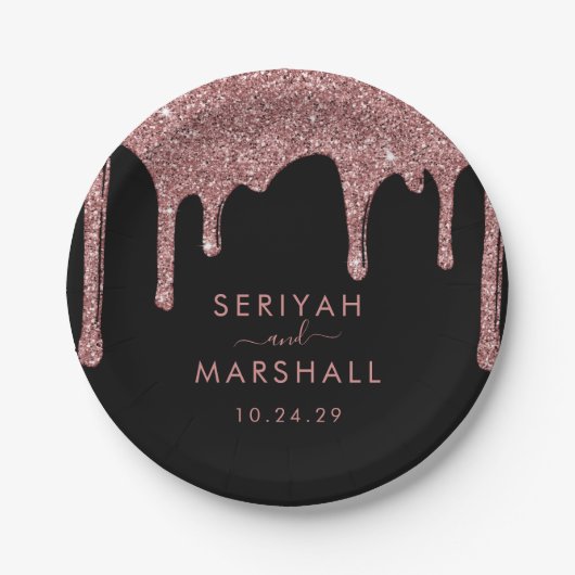ブラックバラ金ゴールドスパークルグリッタードリップ結婚ズ ペーパープレート (正面)