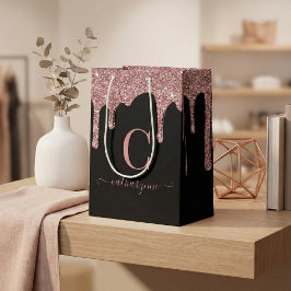 ブラックバラ金ゴールドスパークルドリッピンググリッターモノグラム ミディアムペーパーバッグ